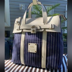 Henri Bendel Denim Pinstripe Jetsetter Convertible Crossbody Satchel Bac…